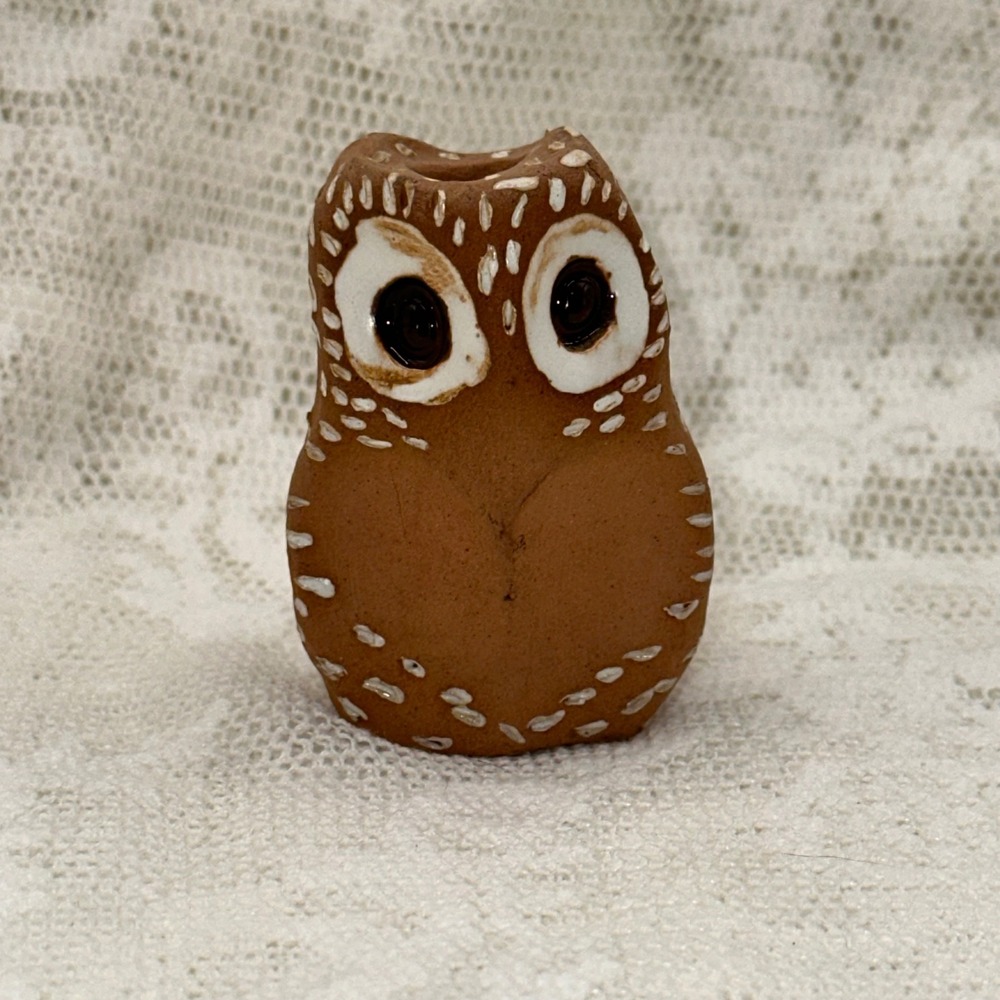RSA Signed Studio Pottery‎ Owl Figurine Terracotta Miniature Bud Vase Folk Art